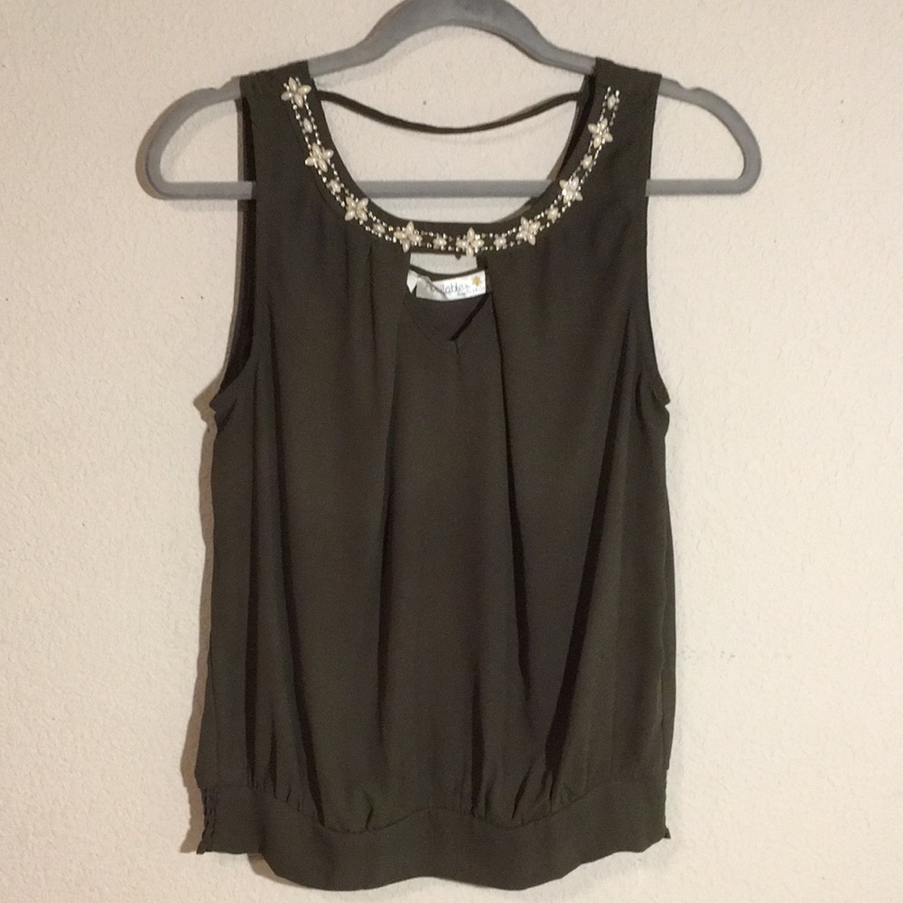 Embellished Olive Green Sleeveless Top